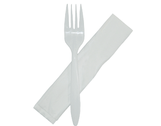 Plastic Fork & Paper Napkin, White, 145-160mm - Castaway