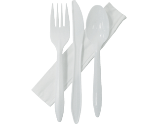 Plastic Knife, Fork, Dessert Spoon & Paper Napkin, White, 145-160mm - Castaway