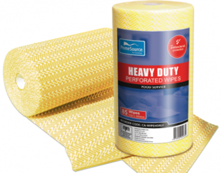 PrimeSource' Heavy Duty Roll Wipes - 85 wipes, Perforated, Yellow - Castaway