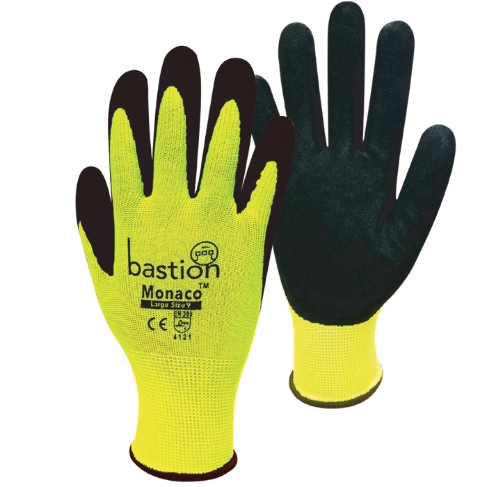 Monaco High Viz Yellow Polyester Gloves, Black Sandy Foam Nitrile Palm Coating, XX-Large Pack 12 Pairs - Bastion