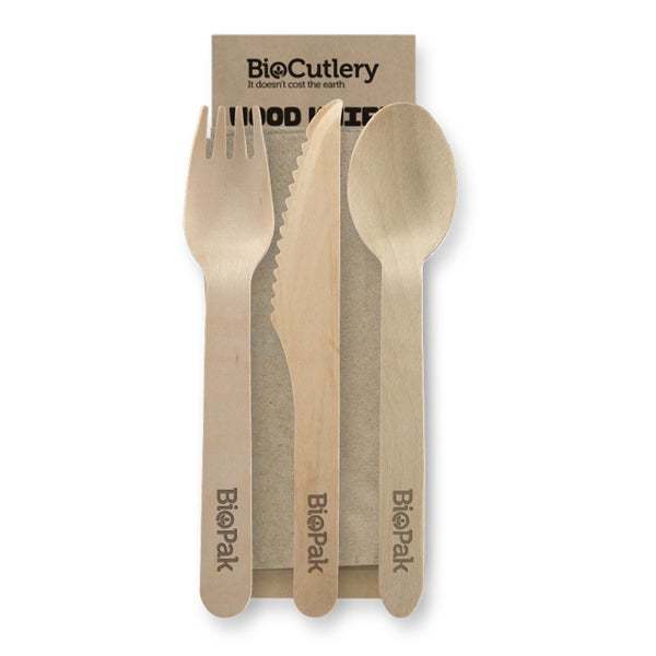 16cm Knife, Fork, Spoon and Napkin Set, FSC 100%, Wood - BioPak