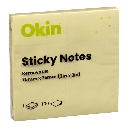 Okin Sticky Notes 75mm x 75mm Yellow