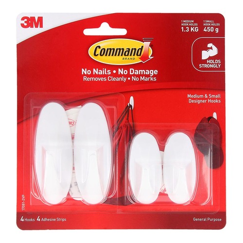 Command Hook 17081-2VP Designer Small Medium White, Pack of 4