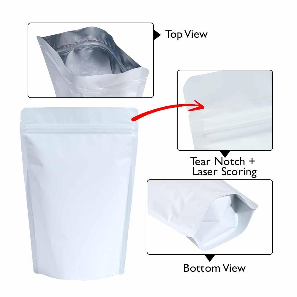 Stand Up Pouch 500gm White Matt with Zip no Valve 190w x 265h x (55 + 55)g
