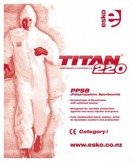 TITAN' '220' Spunbound Polypropylene Coverall, White SMALL Pack 5 - Esko