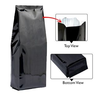 Central Seal-Side Gusset Pouch 1kg Shiny Black w No zip w Valve 135w x 390h x (40 +40)g