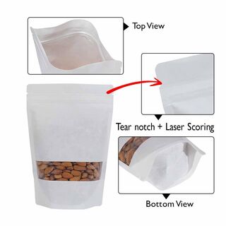 Stand Up Pouch 250g White Kraft Paper w Rectangle Window w Zip no Valve 160w x 230h x (45 + 45)g