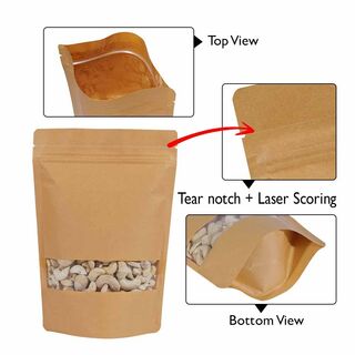 Stand Up Pouch 500g Brown Kraft Paper w Rectangle Window w Zip no Valve 190w x 265h x (55 + 55)g