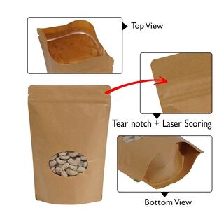 Stand Up Pouch 250g Brown Kraft Paper w Oval Window w Zip no Valve 160w x 230h x (45 + 45)g