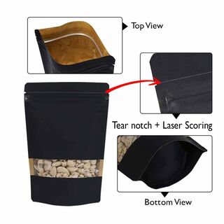 Stand Up Pouch 500g Black Kraft Paper w Rectangle Window w Zip no Valve 190w x 265h x (55 +55)g