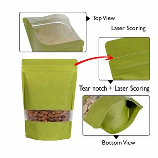 Stand Up Pouch 250g Green Kraft Paper w Rectangle Window w Zip no Valve 160w x 230h x (45 +45)g